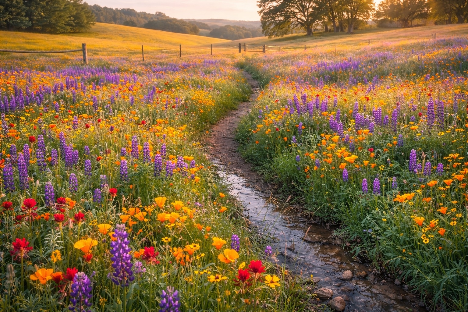 A wildflower-lined path through a meadow